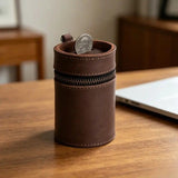 Oil Nubuck Leather Barrel Piggy Bank, Top-Grain Cowhide Plain Design, Zipper Closure Portable（brown）