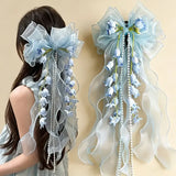 New Organza Bow Hair Clip, Bohemian Long Ribbons, Oversized Gauze Lily-of-the-Valley Pearl Strand, Pastoral Floral Ethereal Charm, Must-have Hair Accessory for Weddings, Hanfu, Parties & Vacations./blue In Australia - Darrahopens
