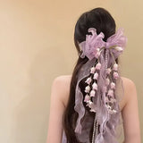 New Organza Bow Hair Clip, Bohemian Long Ribbons, Oversized Gauze Lily-of-the-Valley Pearl Strand, Pastoral Floral Ethereal Charm, Must-have Hair Accessory for Weddings, Hanfu, Parties & Vacations./blue In Australia - Darrahopens