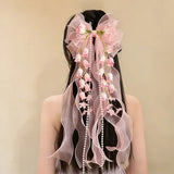 New Organza Bow Hair Clip, Bohemian Long Ribbons, Oversized Gauze Lily-of-the-Valley Pearl Strand, Pastoral Floral Ethereal Charm, Must-have Hair Accessory for Weddings, Hanfu, Parties & Vacations./blue