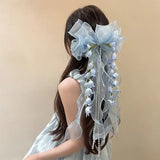 New Organza Bow Hair Clip, Bohemian Long Ribbons, Oversized Gauze Lily-of-the-Valley Pearl Strand, Pastoral Floral Ethereal Charm, Must-have Hair Accessory for Weddings, Hanfu, Parties & Vacations./blue