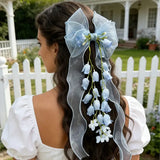 New Organza Bow Hair Clip, Bohemian Long Ribbons, Oversized Gauze Lily-of-the-Valley Pearl Strand, Pastoral Floral Ethereal Charm, Must-have Hair Accessory for Weddings, Hanfu, Parties & Vacations./YELLOW