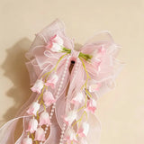 New Organza Bow Hair Clip, Bohemian Long Ribbons, Oversized Gauze Lily-of-the-Valley Pearl Strand, Pastoral Floral Ethereal Charm, Must-have Hair Accessory for Weddings, Hanfu, Parties & Vacations./PINK