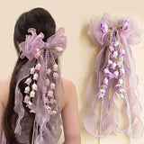 New Organza Bow Hair Clip, Bohemian Long Ribbons, Oversized Gauze Lily-of-the-Valley Pearl Strand, Pastoral Floral Ethereal Charm, Must-have Hair Accessory for Weddings, Hanfu, Parties & Vacations./purple In Australia - Darrahopens