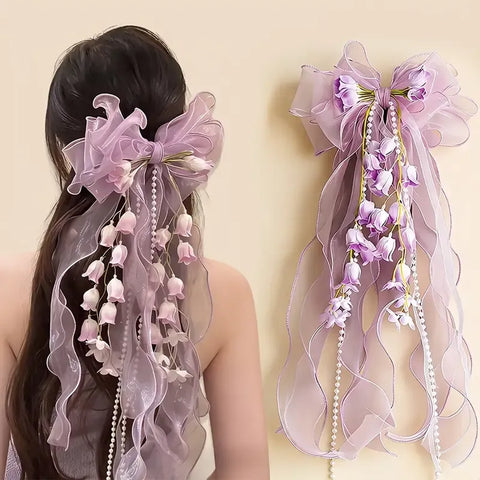 New Organza Bow Hair Clip, Bohemian Long Ribbons, Oversized Gauze Lily-of-the-Valley Pearl Strand, Pastoral Floral Ethereal Charm, Must-have Hair Accessory for Weddings, Hanfu, Parties & Vacations./purple In Australia - Darrahopens