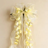 New Organza Bow Hair Clip, Bohemian Long Ribbons, Oversized Gauze Lily-of-the-Valley Pearl Strand, Pastoral Floral Ethereal Charm, Must-have Hair Accessory for Weddings, Hanfu, Parties & Vacations./purple