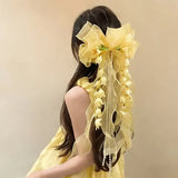 New Organza Bow Hair Clip, Bohemian Long Ribbons, Oversized Gauze Lily-of-the-Valley Pearl Strand, Pastoral Floral Ethereal Charm, Must-have Hair Accessory for Weddings, Hanfu, Parties & Vacations./purple