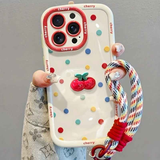 Creamy White Shell Cherry Painting iPhone Case Silicone Drop Protection Full Lens Cover with Lanyard Cute Polka Dot Design(iPhone16)