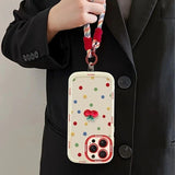 Creamy White Shell Cherry Painting iPhone Case Silicone Drop Protection Full Lens Cover with Lanyard Cute Polka Dot Design(iPhone16pro)