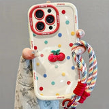 Creamy White Shell Cherry Painting iPhone Case Silicone Drop Protection Full Lens Cover with Lanyard Cute Polka Dot Design(iPhone17)