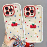 Creamy White Shell Cherry Painting iPhone Case Silicone Drop Protection Full Lens Cover with Lanyard Cute Polka Dot Design(iPhone17)