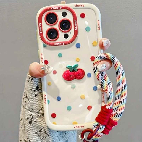 Creamy White Shell Cherry Painting iPhone Case Silicone Drop Protection Full Lens Cover with Lanyard Cute Polka Dot Design(iPhone17 promax)