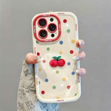Creamy White Shell Cherry Painting iPhone Case Silicone Drop Protection Full Lens Cover with Lanyard Cute Polka Dot Design(iPhone17 promax)