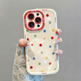 Creamy White Shell Cherry Painting iPhone Case Silicone Drop Protection Full Lens Cover with Lanyard Cute Polka Dot Design(iPhone17 promax)
