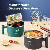 304 Stainless Steel Noodle Bowl: 1000ml Large Capacity, Double-Layer Insulation (No Burns), Leak-Proof Seal with Drainage, Solo Dining, Slow Living./BLUE
