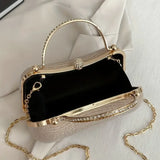 【PU Evening Bag】 Rhinestone-encrusted Gold Handle, Magnetic Snap Closure, Horizontal Oval Clutch, Lightweight & Portable – Top Choice for Weddings & Parties./BLACK