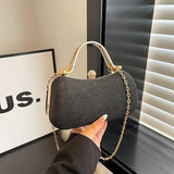 【PU Evening Bag】 Rhinestone-encrusted Gold Handle, Magnetic Snap Closure, Horizontal Oval Clutch, Lightweight & Portable – Top Choice for Weddings & Parties./BLACK
