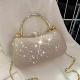 【PU Evening Bag】 Rhinestone-encrusted Gold Handle, Magnetic Snap Closure, Horizontal Oval Clutch, Lightweight & Portable – Top Choice for Weddings & Parties./golden