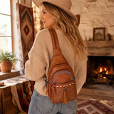 Vintage Bohemian Multi-Functional Chest Bag | PU Embossed 3-in-1 Bag, Exuding Bohemian Charm/brwon