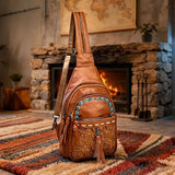 Vintage Bohemian Multi-Functional Chest Bag | PU Embossed 3-in-1 Bag, Exuding Bohemian Charm/brwon