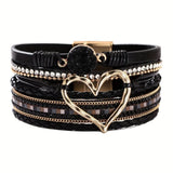 Darrahopens Fashion > Women's Fashion > Women's Jewellery Bohemian Braided Leather Bracelet, Multi-layer Design with Metal and Crystal Accents, Rose Gold Square Clasp with Heart Crystal, Embodying Casual Romantic Exotic Charm.(RED)