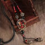 Darrahopens Fashion > Women's Fashion > Women's Accessories Bohemian style long necklace featuring retro beads and metal carved flowers with elegant dangling tassels adjustable 86cm chain suitable for pairing with sweaters and dresses perfect for daily wear or holiday occasions