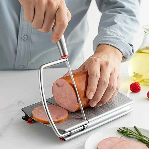 Stainless steel multi-function slicer, precise for even slicing, silicone suction cup for anti-slip stability, sharp blade for smooth cutting, a practical kitchen and baking tool