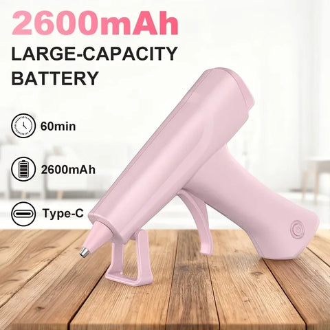 Cordless Rechargeable Hot Glue Gun – 2600mAh Battery, Voice Prompts, 3-Minute Fast Heat, Perfect Tool for Crafts & Repairs. (Pink)