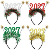 4PCS 2027 New Year Glitter Headbands: Glitter Numbers with Star Antennas, Available in Red, Green, Gold, and Silver, Lightweight and Eye-Catching Party Essentials.