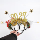 4PCS 2027 New Year Glitter Headbands: Glitter Numbers with Star Antennas, Available in Red, Green, Gold, and Silver, Lightweight and Eye-Catching Party Essentials.