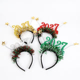 4PCS 2027 New Year Glitter Headbands: Glitter Numbers with Star Antennas, Available in Red, Green, Gold, and Silver, Lightweight and Eye-Catching Party Essentials.