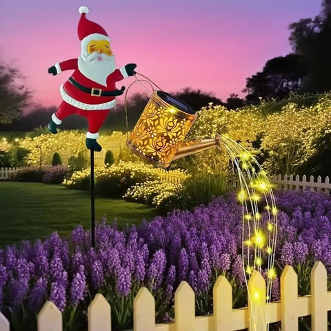 Solar Santa Claus Watering Can Light, IP64 Waterproof Iron Art, Multi-Color Light Effects, Brighten Up Your Outdoor Garden Holiday Ambiance (Warm Light)