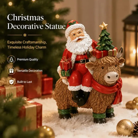 Santa Riding Highland Cow Resin Figurine | Hand-Painted Cute Design, Red Scarf & Mini Christmas Tree Accents, Festive Desktop Décor In Australia - Darrahopens