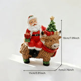 Santa Riding Highland Cow Resin Figurine | Hand-Painted Cute Design, Red Scarf & Mini Christmas Tree Accents, Festive Desktop Décor