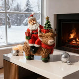 Santa Riding Highland Cow Resin Figurine | Hand-Painted Cute Design, Red Scarf & Mini Christmas Tree Accents, Festive Desktop Décor