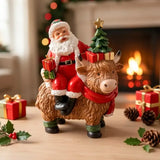 Santa Riding Highland Cow Resin Figurine | Hand-Painted Cute Design, Red Scarf & Mini Christmas Tree Accents, Festive Desktop Décor