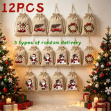 Christmas Jute Drawstring Gift Bags, Pack of 12, 5 Random Themes, Perfect for Gifts and Decorations In Australia - Darrahopens