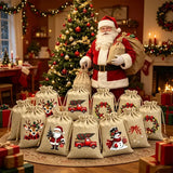 Christmas Jute Drawstring Gift Bags, Pack of 12, 5 Random Themes, Perfect for Gifts and Decorations