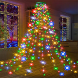 USB Remote Control Christmas Tree Waterfall String Light | Ring Hanging Tool-Free Installation, High-Density LED Starburst Effect, IP44 Waterproof, Fits 4–12ft Trees (Lengbai 1.5m / 200 Lights)