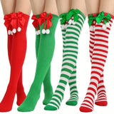 Christmas Over-the-Knee Socks, Handmade Polyester-Cotton Bows, Sweet & Warm Holiday Outfit. 4-Pack A02 Combo Set