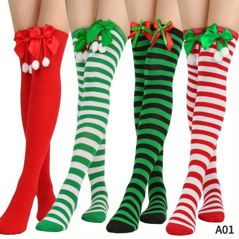 Christmas Over-the-Knee Socks, Handmade Polyester-Cotton Bows, Sweet & Warm Holiday Outfit. 4-Pack A01 Combo Set In Australia - Darrahopens