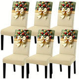 4PCS Christmas Stretch Dining Chair Covers | Snug-Fit Elastic Design, Printed with Ornaments, Snowflakes & Gold Bows, Removable & Machine Washable, Soft Stretch Protective Covers, Ideal for Holiday Gatherings & Home Décor