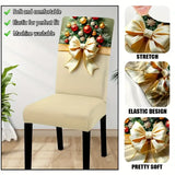 4PCS Christmas Stretch Dining Chair Covers | Snug-Fit Elastic Design, Printed with Ornaments, Snowflakes & Gold Bows, Removable & Machine Washable, Soft Stretch Protective Covers, Ideal for Holiday Gatherings & Home Décor