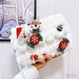 Christmas Plush Cartoon Handbag Crossbody Bag, 3D Appliqués Pearl Chain, Sweet Practical Holiday Essential/ivory
