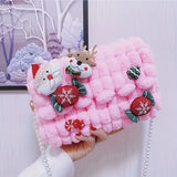 Christmas Plush Cartoon Handbag Crossbody Bag, 3D Appliqués Pearl Chain, Sweet Practical Holiday Essential./PINK In Australia - Darrahopens