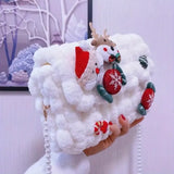 Christmas Plush Cartoon Handbag Crossbody Bag, 3D Appliqués Pearl Chain, Sweet Practical Holiday Essential./BLUE