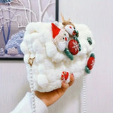 Christmas Plush Cartoon Handbag Crossbody Bag, 3D Appliqués Pearl Chain, Sweet Practical Holiday Essential./BLUE