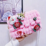 Christmas Plush Cartoon Handbag Crossbody Bag, 3D Appliqués Pearl Chain, Sweet Practical Holiday Essential./BLUE