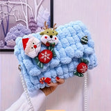 Christmas Plush Cartoon Handbag Crossbody Bag, 3D Appliqués Pearl Chain, Sweet Practical Holiday Essential./BLUE