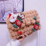 Christmas Plush Cartoon Handbag Crossbody Bag, 3D Appliqués Pearl Chain, Sweet Practical Holiday Essential./khaki